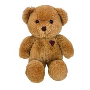 Dakin 1985 Heart Bear Teddy Plush Brown Burgundy Print Heart Stuffed Toy 15 Inch